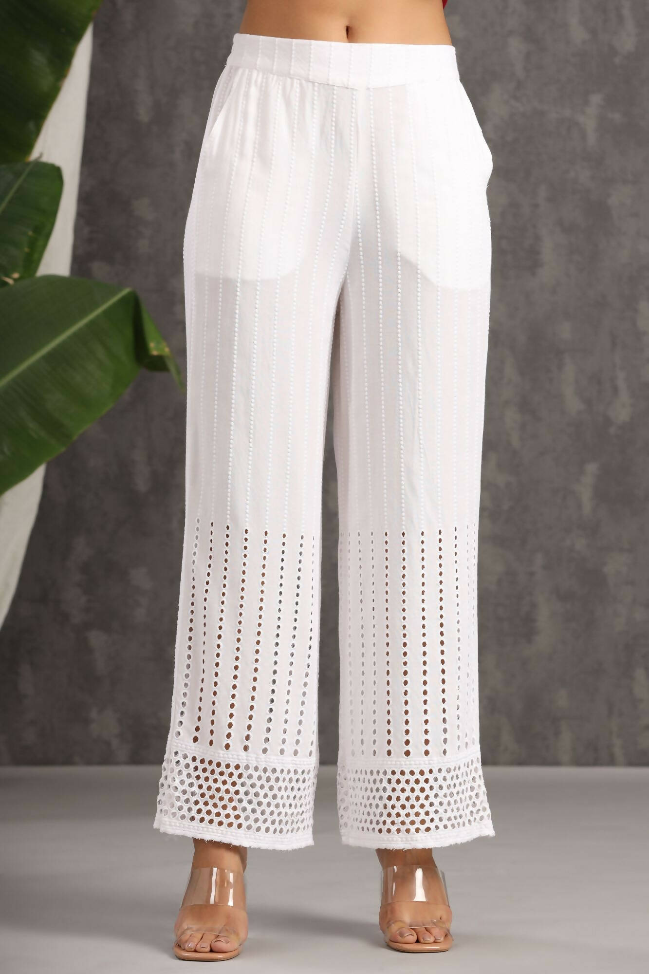 Juniper Women White Rayon Woven Design Flared Palazzo | Grocsy