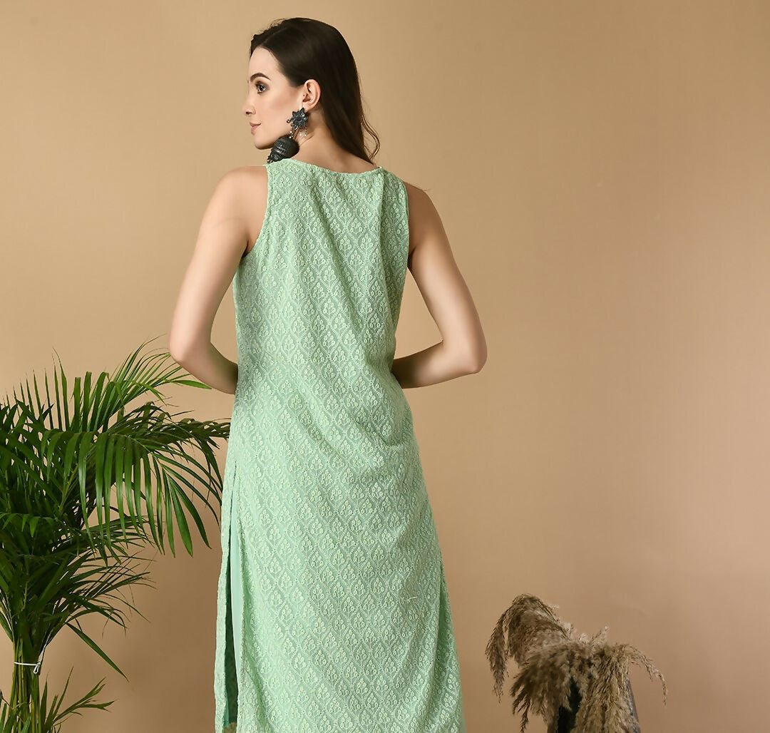 Myshka Women's Green Georgette Sleeveless Straight Party Kurta | Grocsy
