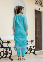 Kaajh Women's Sky Blue Printed Chanderi Kurta Pant Set With Dupatta | Grocsy