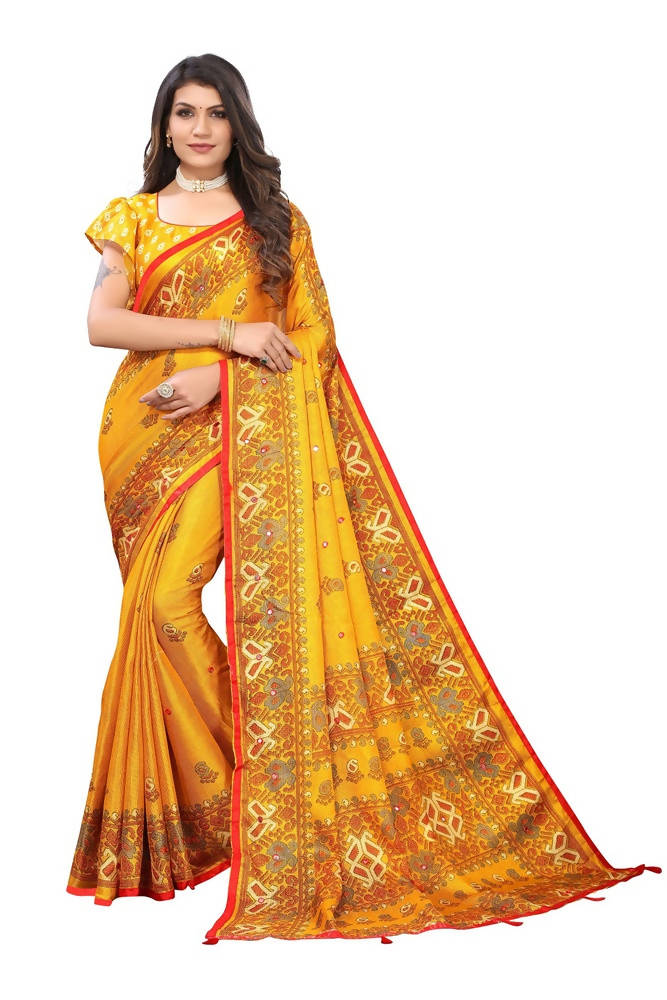 Vamika Yellow Jute Silk Mirror Work Saree | Grocsy