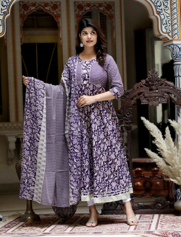 Miravan Women's Flower Printed Blue Anarkali Kurta With Beautiful Border And Dupatta | Grocsy
