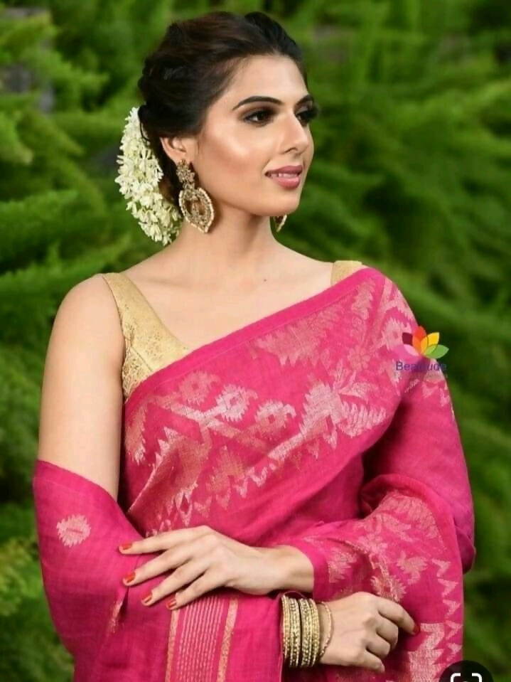 Exclusive Collection Pink Beautiful Linen Jamdani Saree | Grocsy