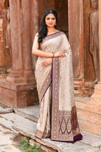 Joban Fashion Nude Grey Crepe Chiffon Pure Handloom Banarasi Silk Saree | Grocsy