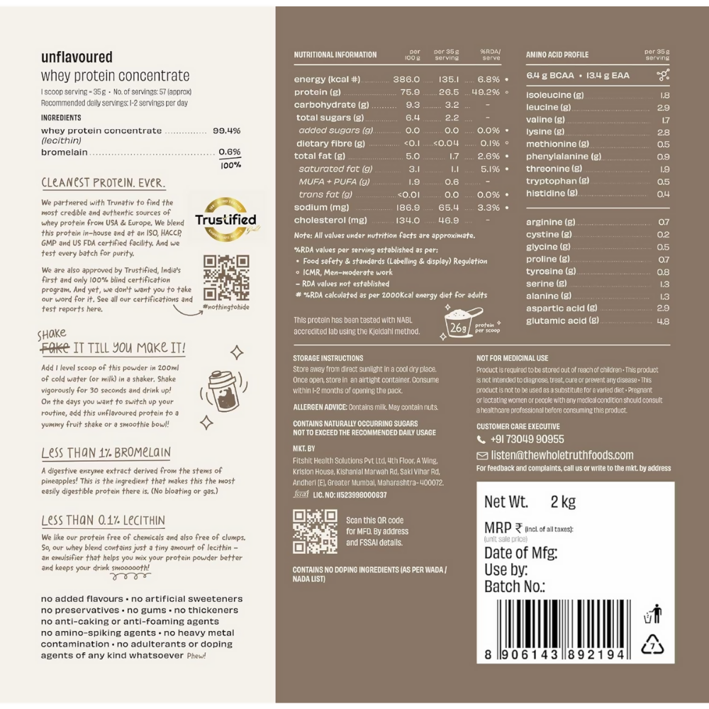 The Whole Truth Whey Protein Concentrate Unflavoured | Grocsy