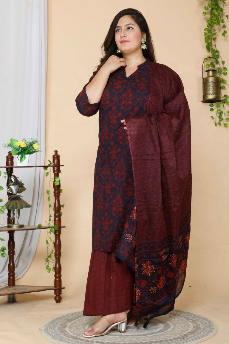 Miravan Women's Maroon Plus Size Floral Pure Cotton Kurta With Sharara And Dupatta Set | Grocsy