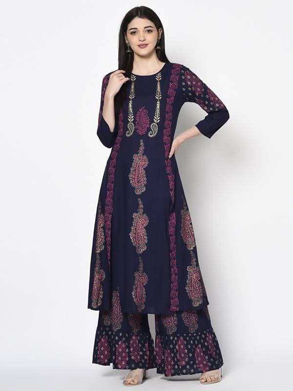 Aniyah Rayon Navy Blue Color Block Print A-line Flared Long Kurta Palazzo Set with Two Front Slits (AN-214K) | Grocsy