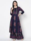 Aniyah Rayon Navy Blue Color Block Print A-line Flared Long Kurta Palazzo Set with Two Front Slits (AN-214K) | Grocsy