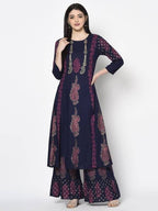 Aniyah Rayon Navy Blue Color Block Print A-line Flared Long Kurta Palazzo Set with Two Front Slits (AN-214K) | Grocsy