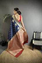 Joban Fashion Navy Blue Woven Butti Soft Silk Banarasi Silk Saree | Grocsy