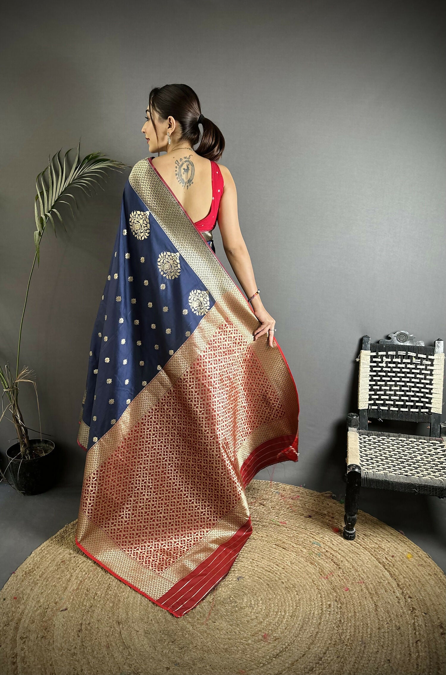 Joban Fashion Navy Blue Woven Butti Soft Silk Banarasi Silk Saree | Grocsy