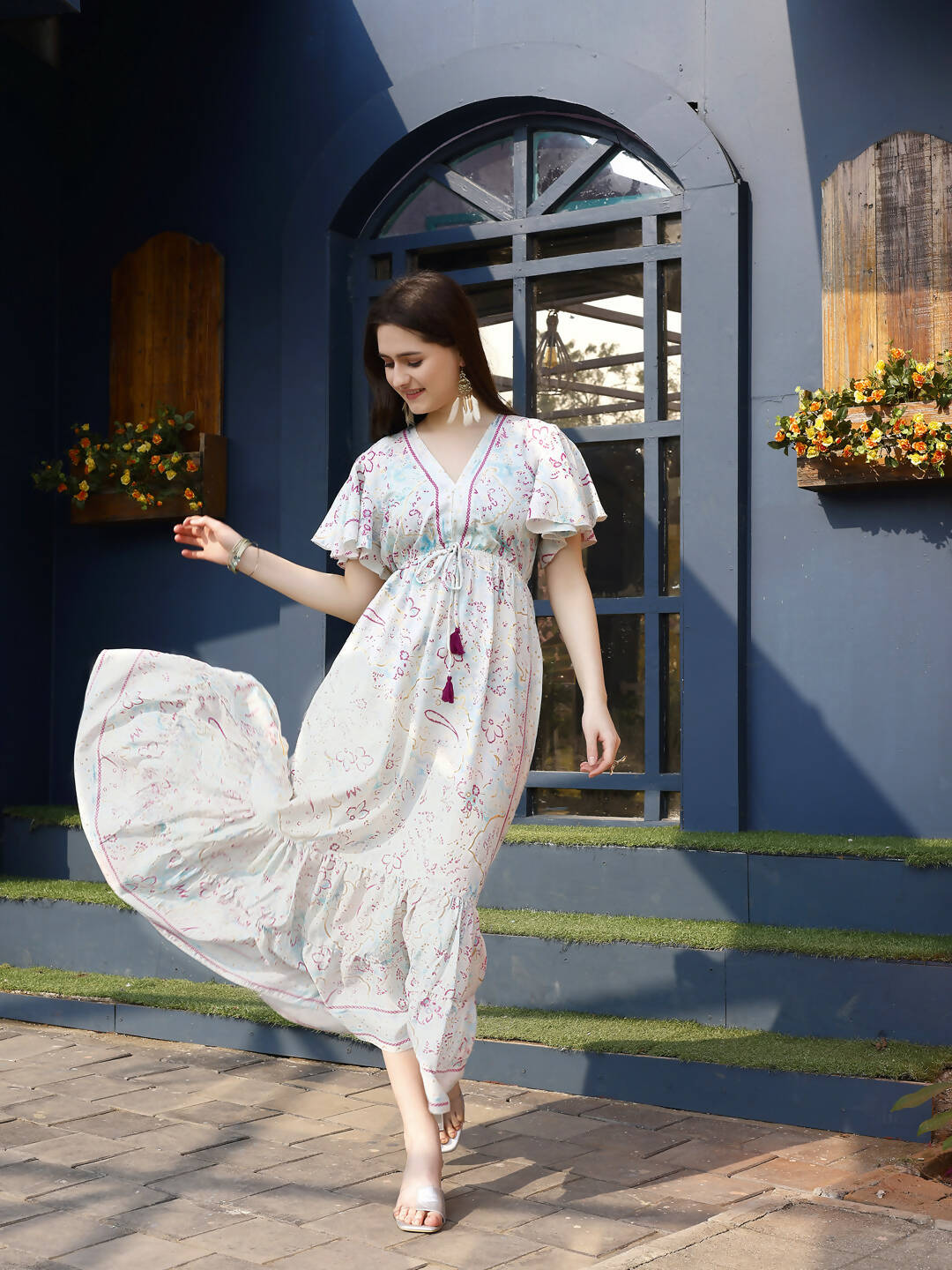 Off white Rayon Foil Printed Long Dress - Michan | Grocsy