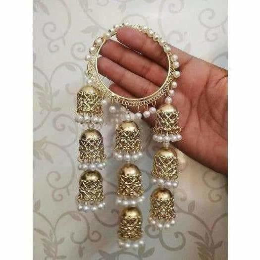 MS Fashion India Three Steps Jhumkas With White Pearls Hanging Bangles | Grocsy