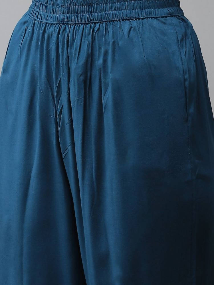 Yufta Women Blue Embroidered Thread Work Kurta with Palazzo & With Dupatta | Grocsy