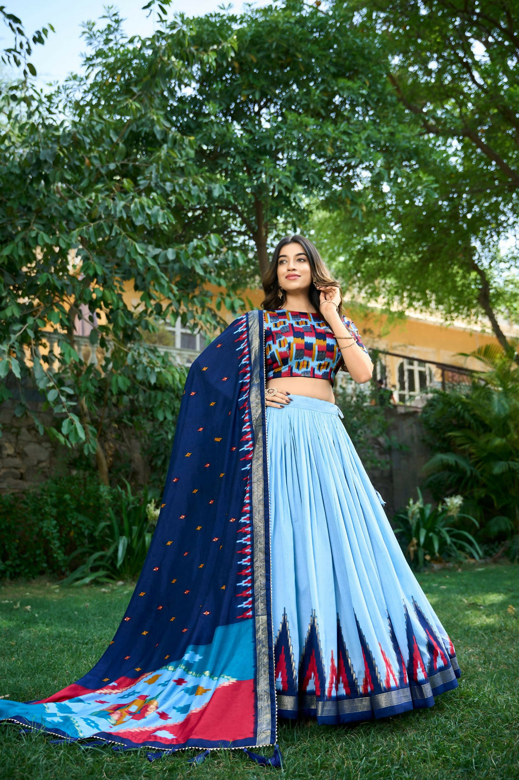 Vastranavya Luxurious Tussar Silk Print With Foil Work Lehenga Choli - Sky Blue | Grocsy