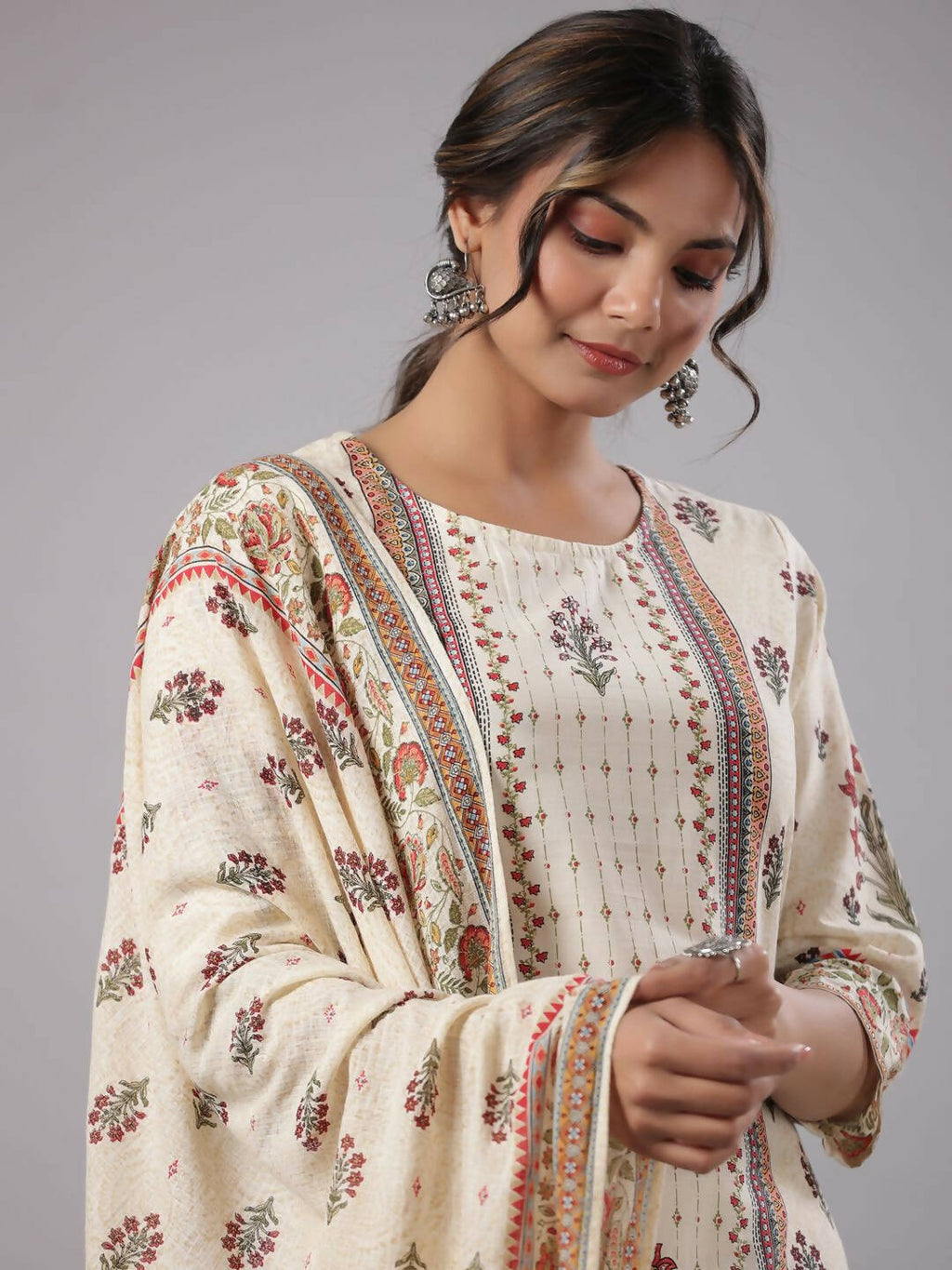 Juniper Women's Beige Cambric Floral Placement Printed Straight Fit Kurta Sets | Grocsy