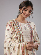 Juniper Women's Beige Cambric Floral Placement Printed Straight Fit Kurta Sets | Grocsy