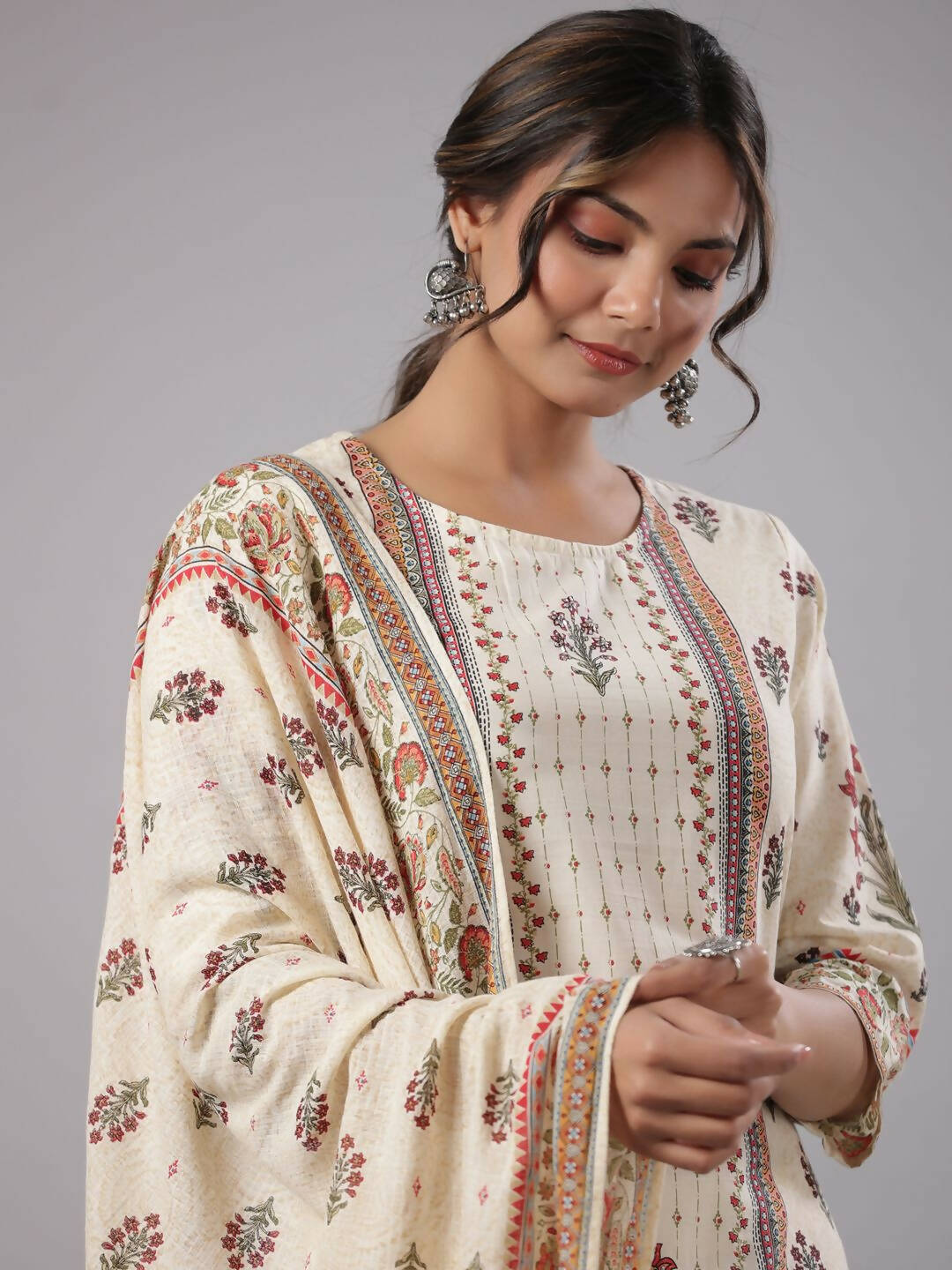 Juniper Women's Beige Cambric Floral Placement Printed Straight Fit Kurta Sets | Grocsy
