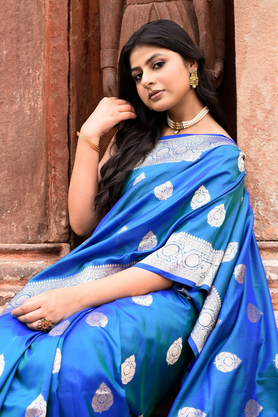 Joban Fashion Blue Banarasi Katan Pure Handloom Banarasi Silk Saree | Grocsy
