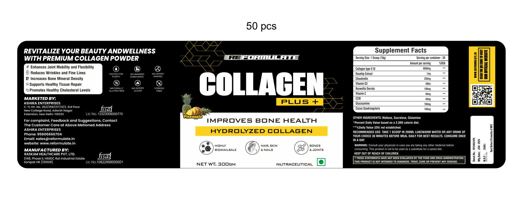 Reformulate CollaGen Plus+ Improves Bone Health Hydrolyzed Collagen I Hair I Skin I Nails I Bones I Joints I Non-Veg I Pine Apple | Grocsy