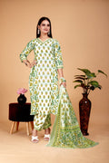 Women's Cotton A-Line Green Kurta Pant With Dupatta Set - A2M | Grocsy