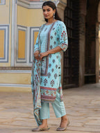 Juniper Women's Skyblue Cambric Floral Placement Printed Straight Fit Kurta Sets | Grocsy