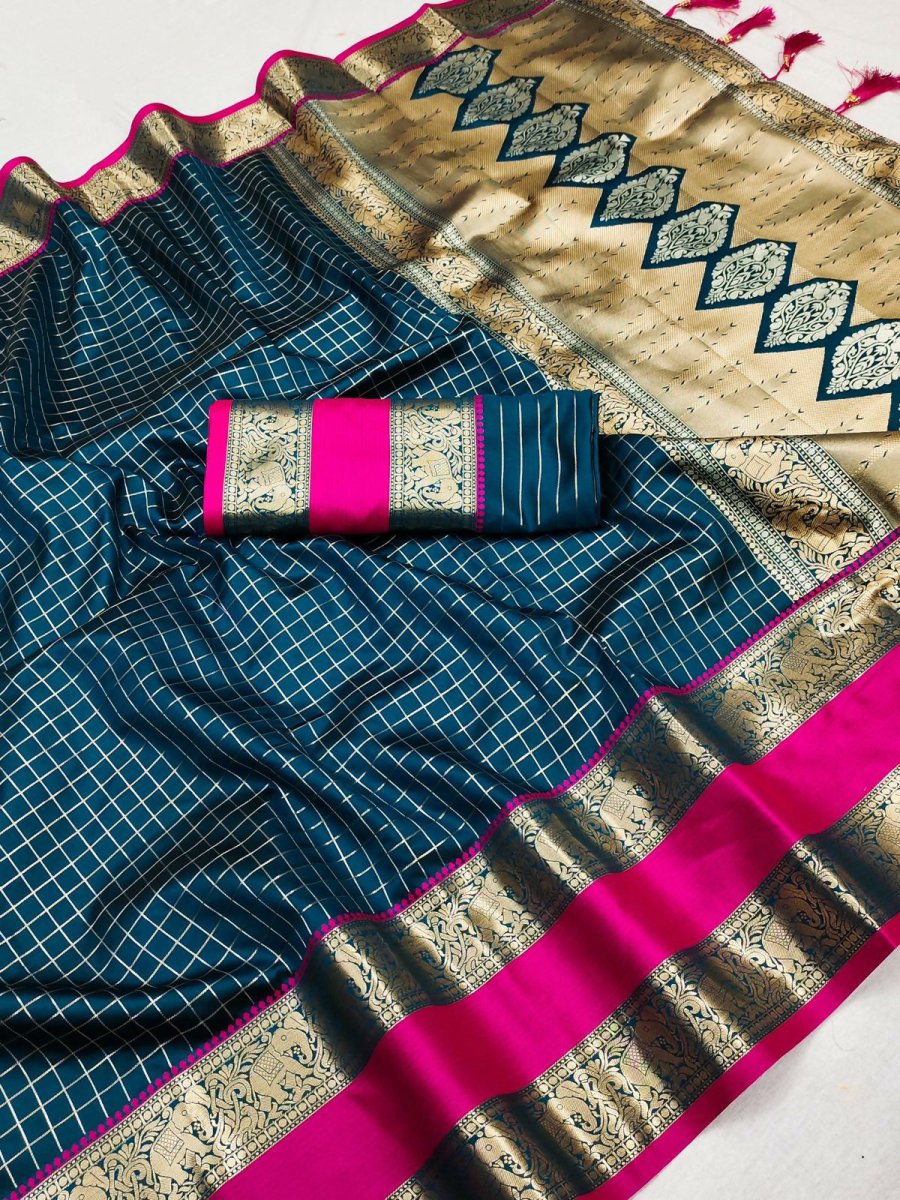 Arfa Fashion House Blue Soft Silk Chex Design All Over The Saree Saree | Grocsy