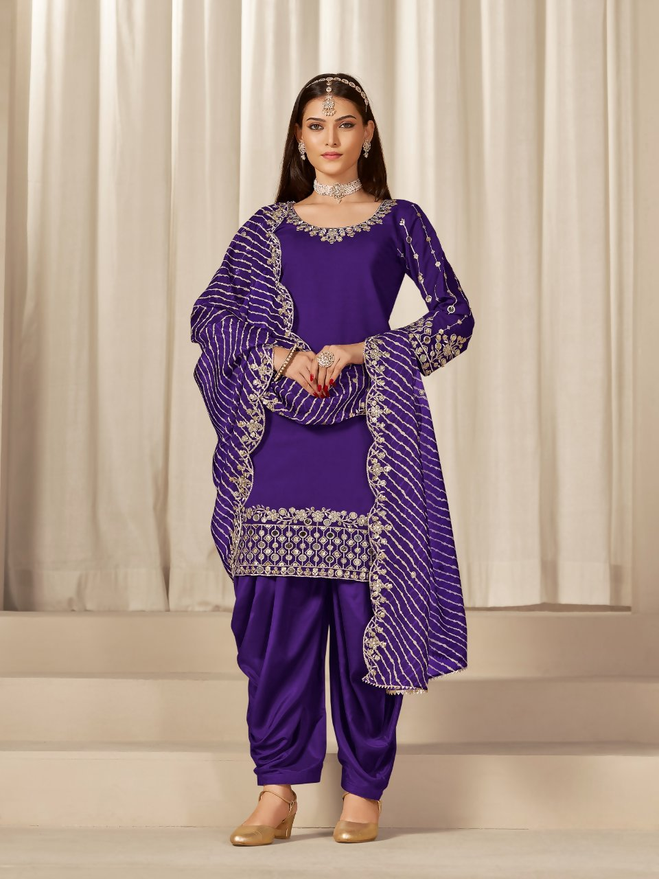 Anaita Purple Roman Silk Stitched Suit with Embroidery & Real Mirror Work | Grocsy