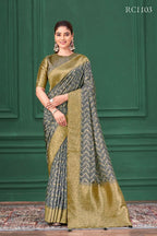 Grey Tussar Silk Jacquard Abstract Digital Print Saree with Unstitched Blouse - Mohira | Grocsy