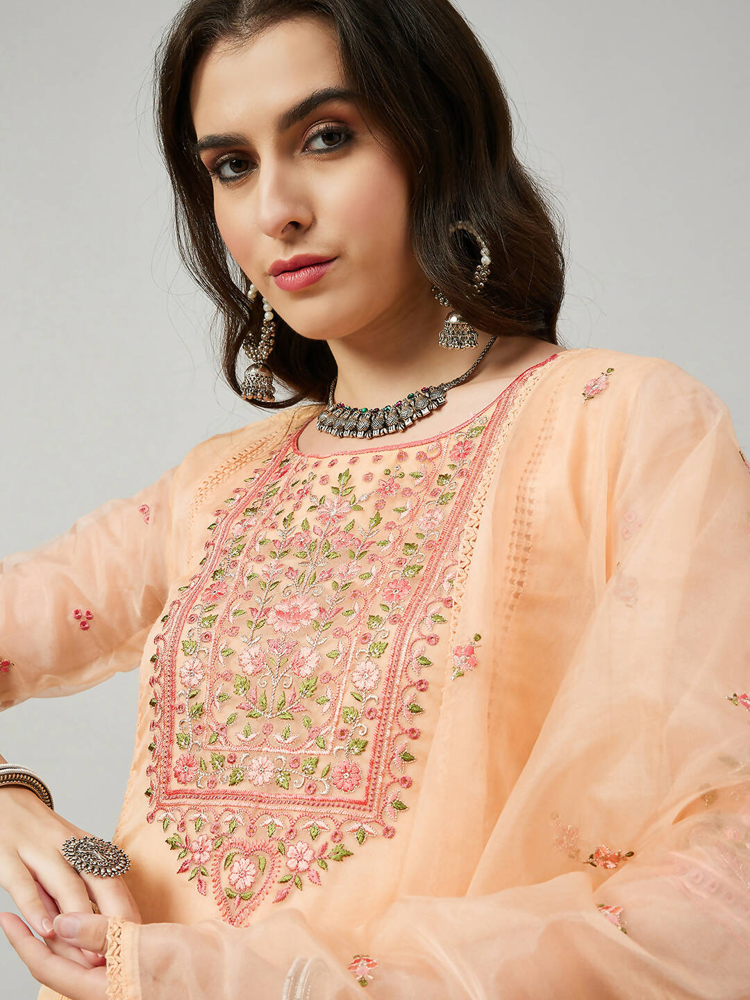 Orange Organza Embroidered Kurta with Bottom & Dupatta - Salimar | Grocsy