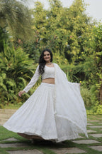 Vastranavya Faux Georgette With Sequins & Thread Embroidered Work Lehenga Choli - White | Grocsy