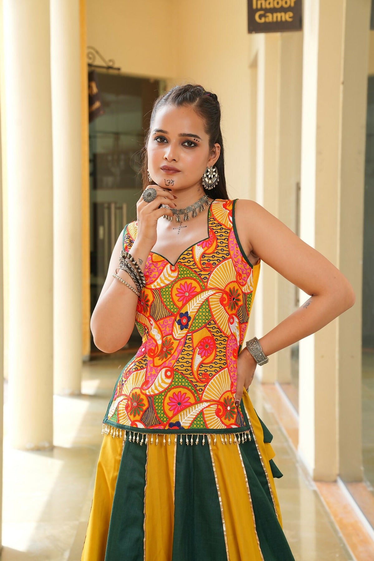 AI Fashion Mustard & Green Cotton Designer Navratri Wear Lehenga Choli Collection | Grocsy