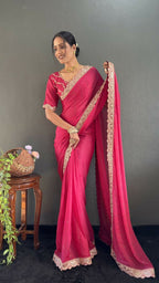 Vastranavya Pink Georgette Silk Swarovski & Heavy Lace Work Ready to Wear Saree | Grocsy