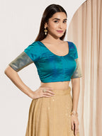 Joban Fashion Fire Blue Taffeta Silk Padded Blouse With Round Neck Elbow Sleeves | Grocsy