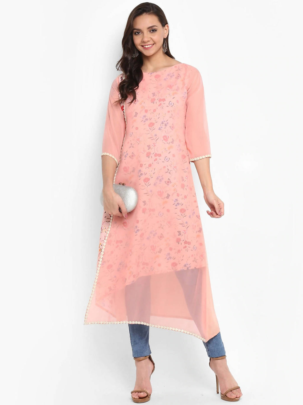 Janasya Women Pink Floral Print A-Line Kurta | Grocsy