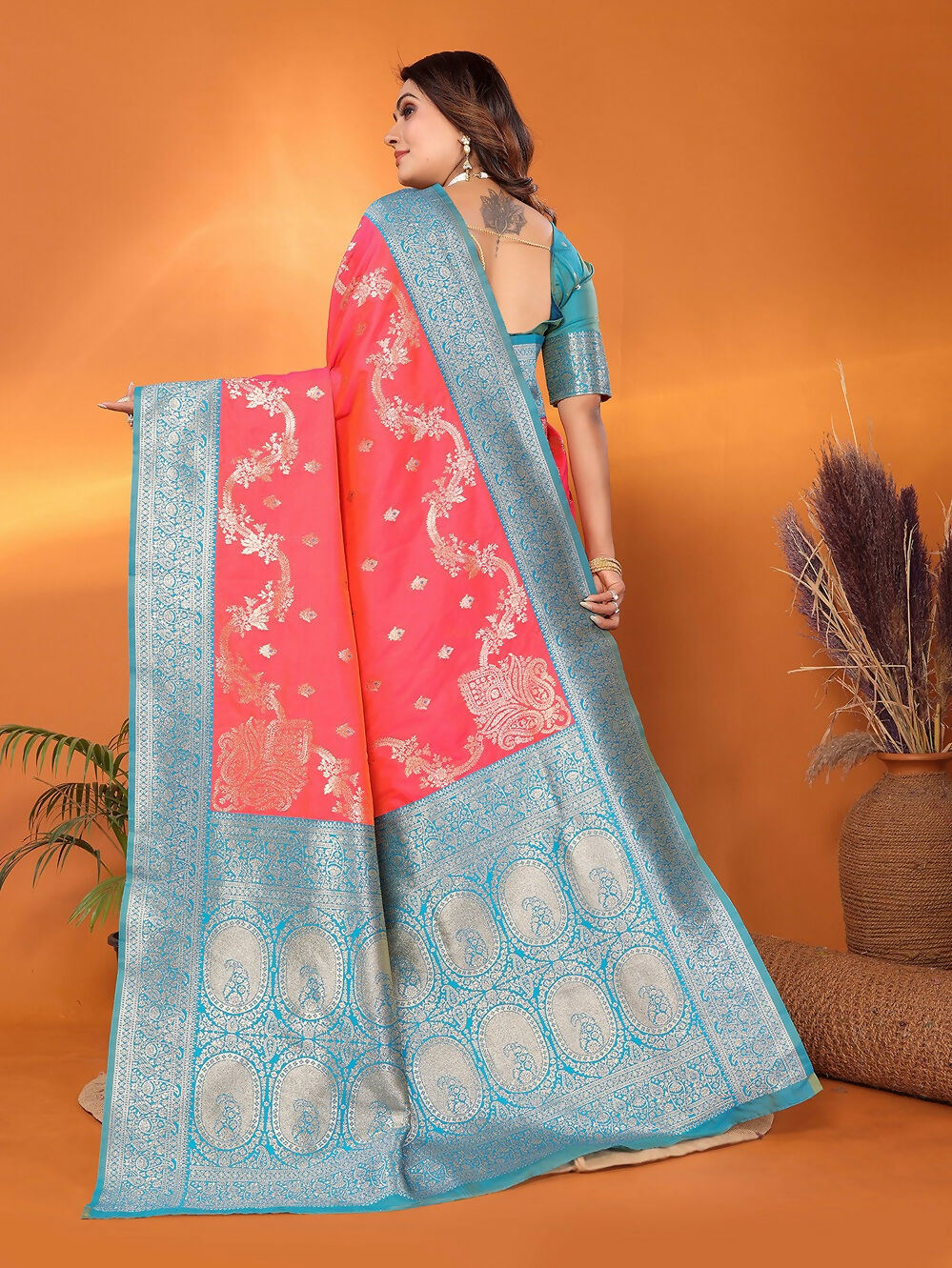 Joban Fashion Banarasi Tomato Red Woven Soft Silk Saree | Grocsy