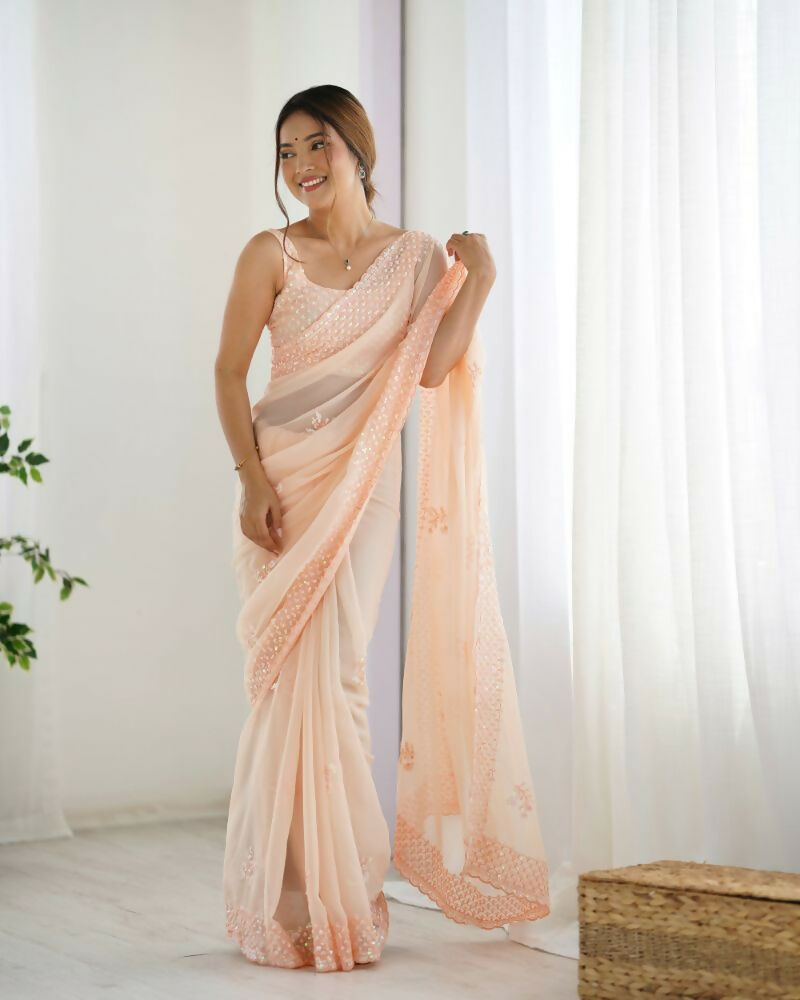 Attractive Looking Georgette Thread, Sequance Embroidery Work Party Wear Saree - Peach | Grocsy