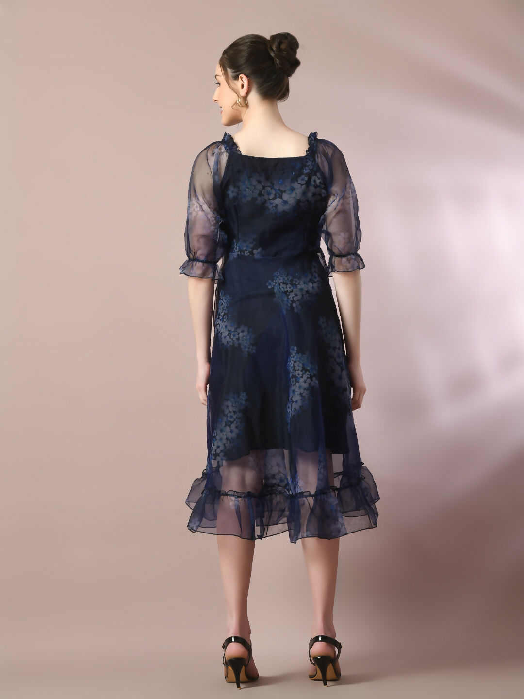 Myshka Women's Navy Blue Printed Square Neck Fit and Flare Party Dress | Grocsy