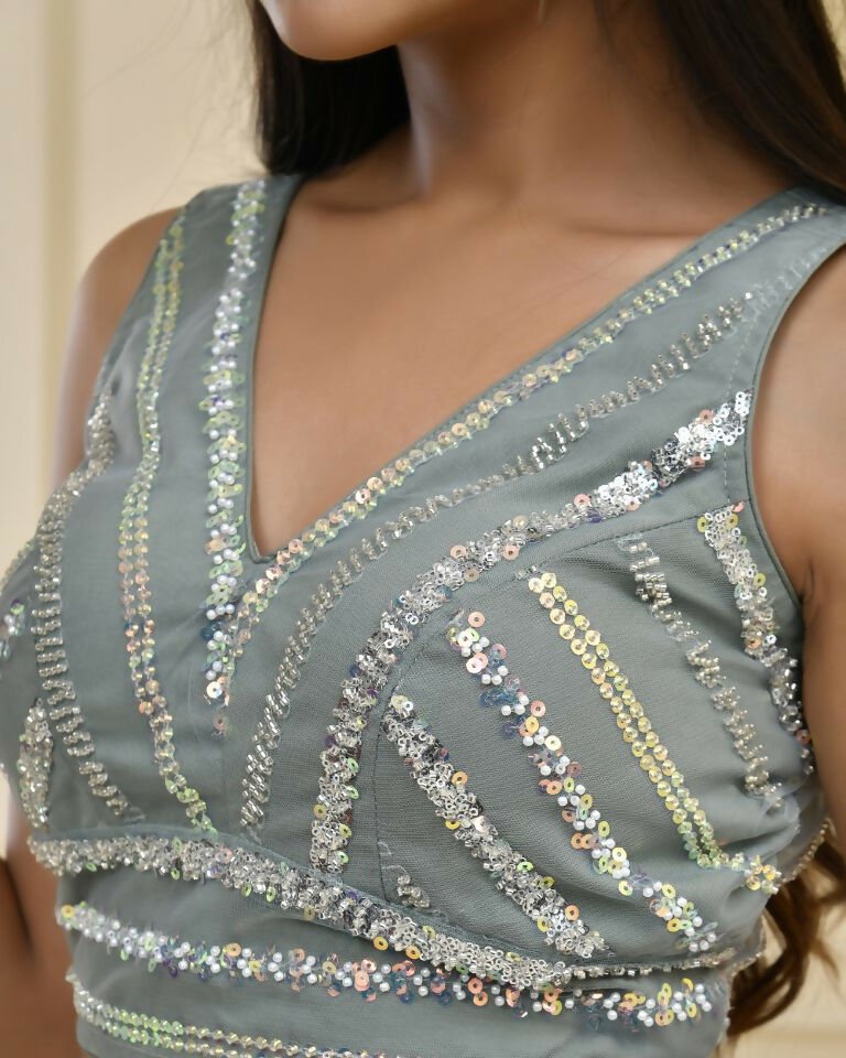 Amodini Designer Studio Teal Sequined Pearl Cutdana Sleeveless Padded Blouse | Grocsy