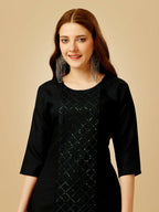 Jyoti Fashion Women's Black Cotton Blend Embroidered Kurta Pant Set | Grocsy