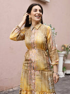 Mustard Crepe Foil Printed Long Dress - Michan | Grocsy