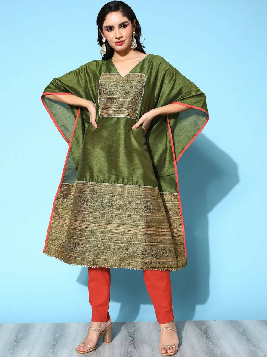 Ahalyaa Women Mehendi Poly Silk Gold Printed Kaftan Kurta | Grocsy