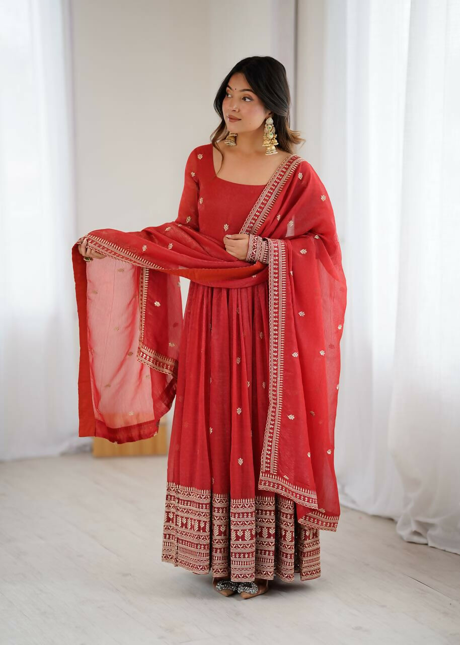 The52 Women's Beautiful Embroidery Work Crunchy Silk Fabric Flared Anarkali and Dupatta Set | Grocsy
