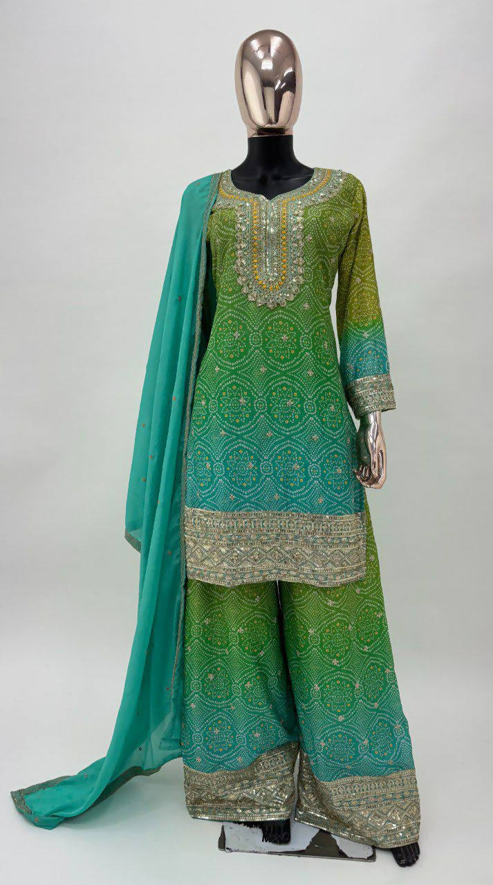 Lorenvalley Fashion Green and Teal Chinon Embroidery With Sequince Work Salwar Kameez Stitched | Grocsy