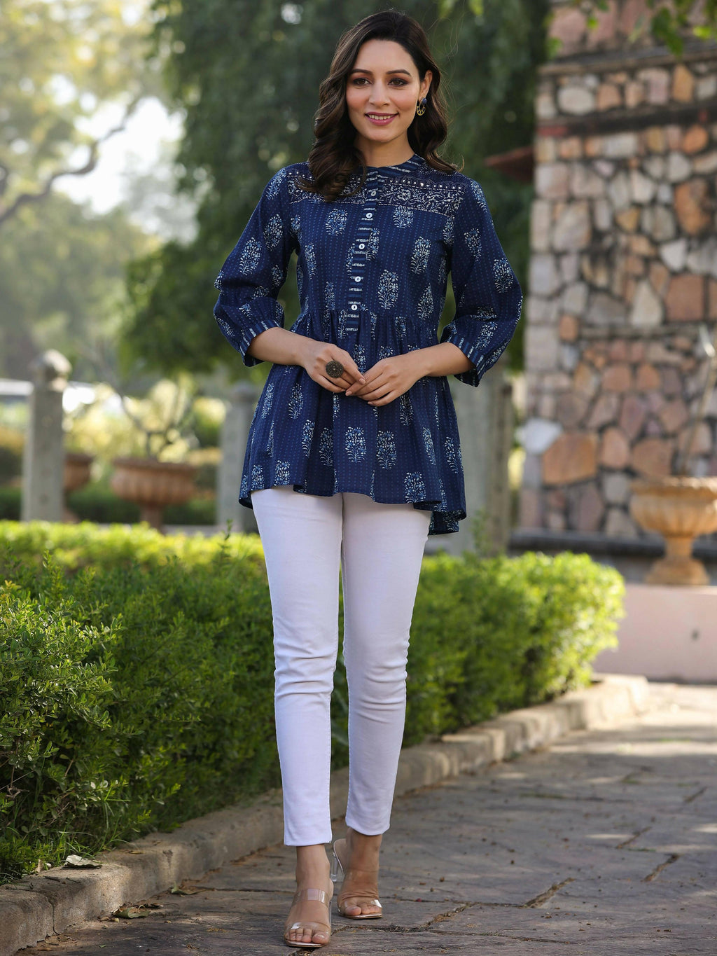 Juniper Women's Indigo Printed Peplum Tunic | Grocsy