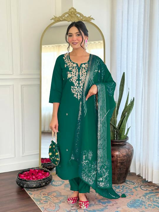 The52 Women Gorgeous Roman Silk Fabric Straight Kurta, Pant and Dupatta Set | Grocsy