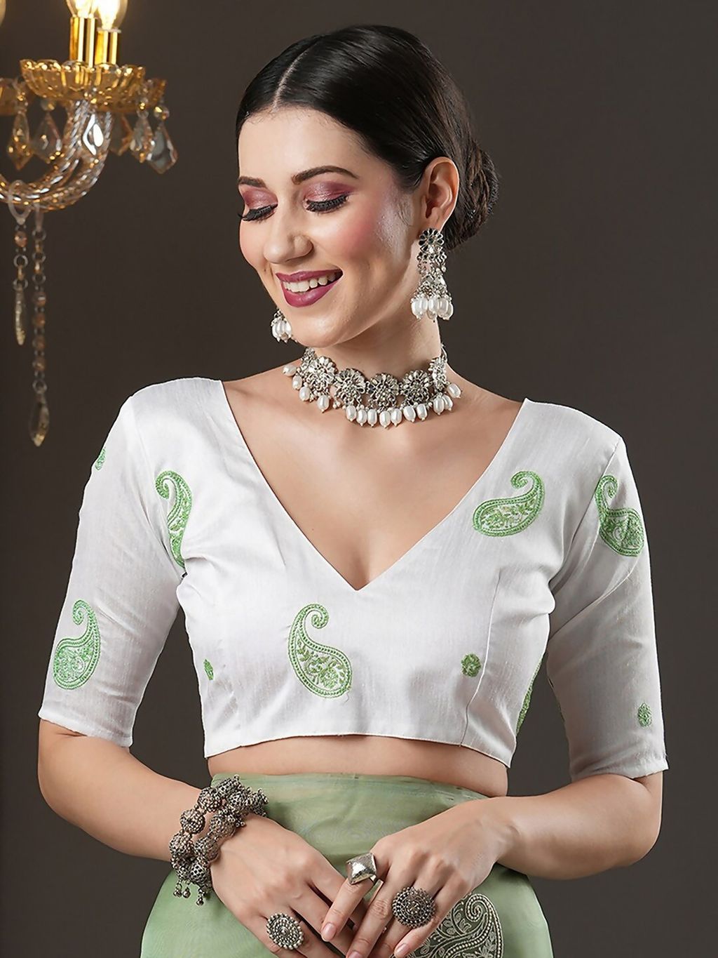 Saree Mall Olive Green & White Paisley Embroidered Organza Banarasi Sarees | Grocsy