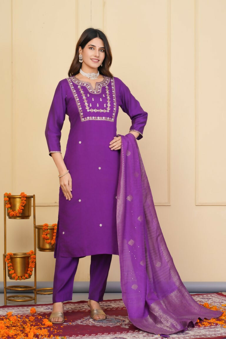 Purple Viscose Chanderi Embroidered Stitched Suit With Dupatta - Tanisha | Grocsy