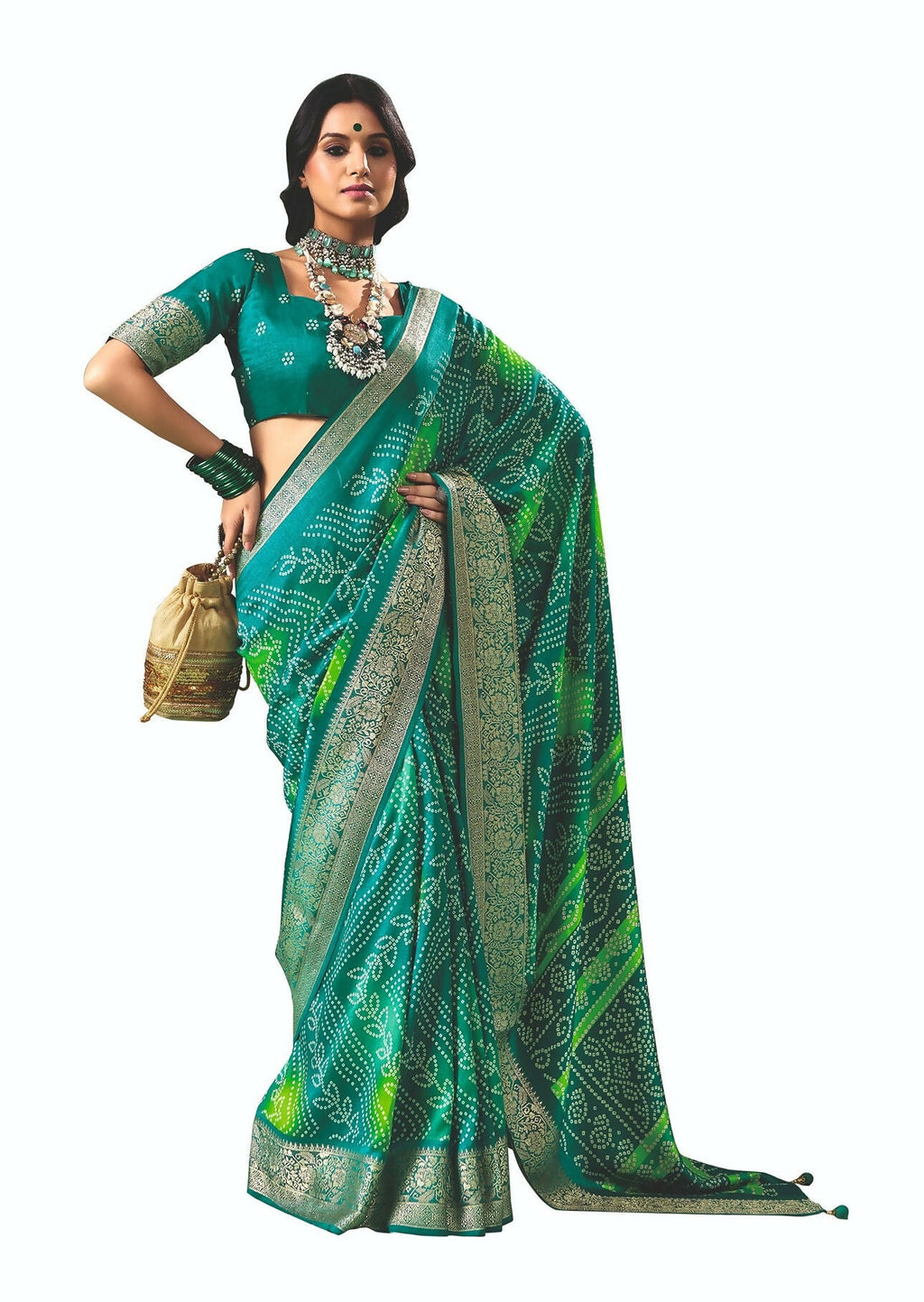 Joban Fashion Vicitra Silk Green Soft Fabric With Digital Print Saree | Grocsy