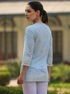 Juniper Women's Powderblue Cambric Floral Printed Tunic | Grocsy