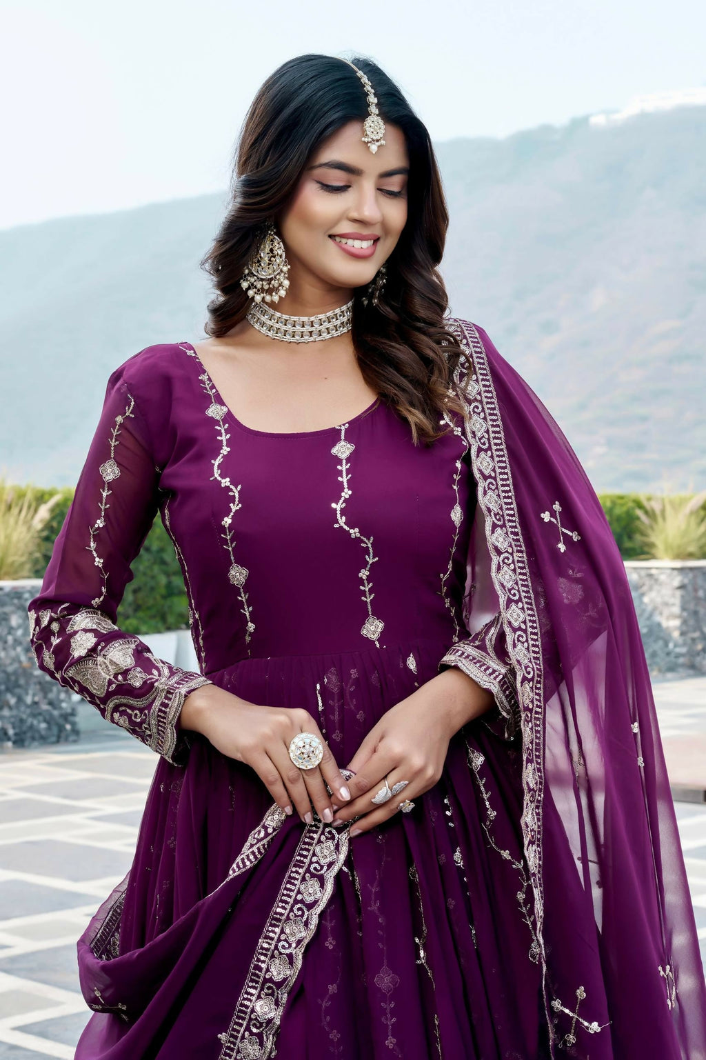 Teeya Creation Womens New Trendy Heavy Cording Sequence & Beads Embroidery Work Purple Gown Set | Grocsy